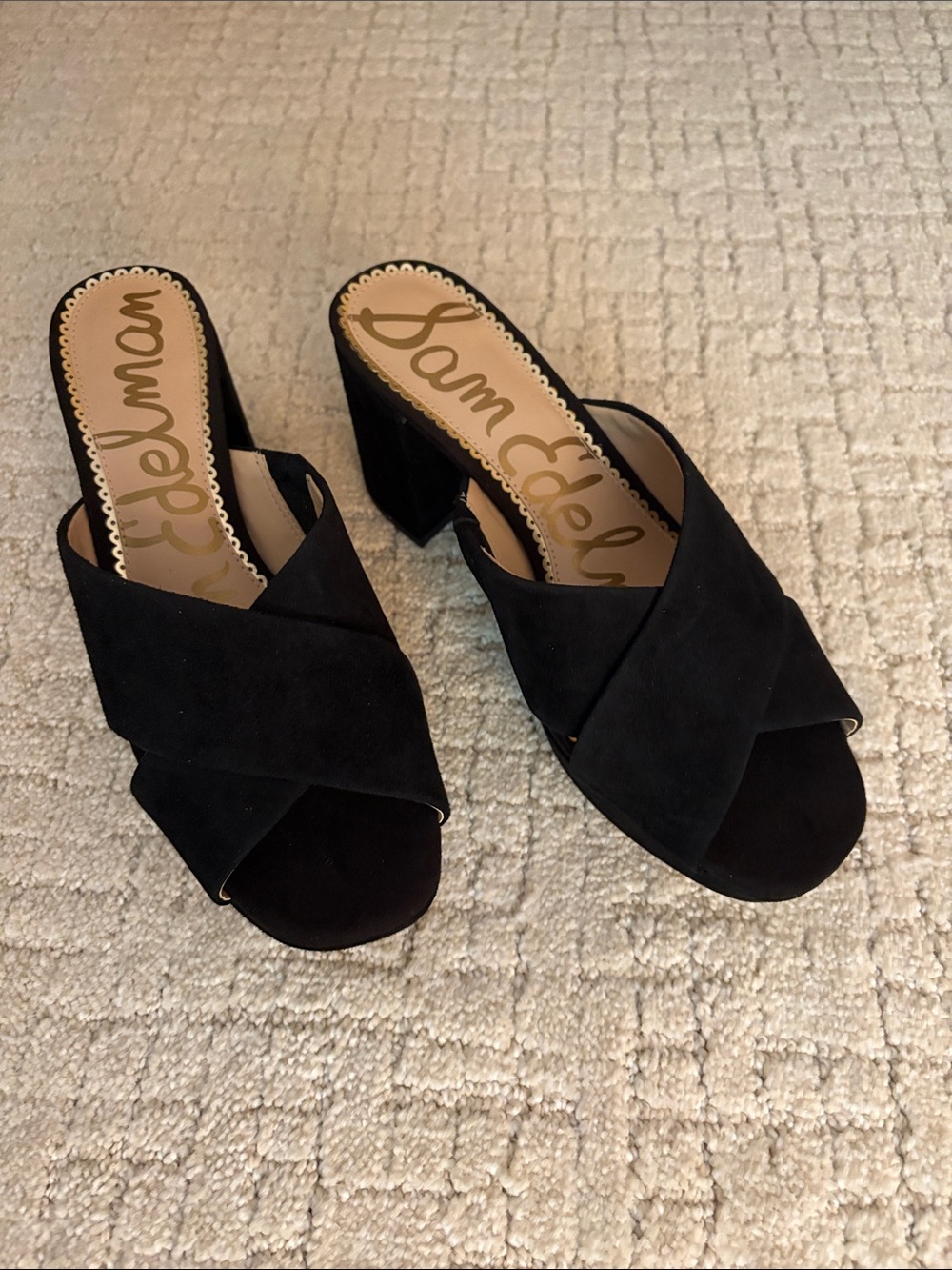 Sam Edelman Black Crisscross Block Heel Mules. 1” platform